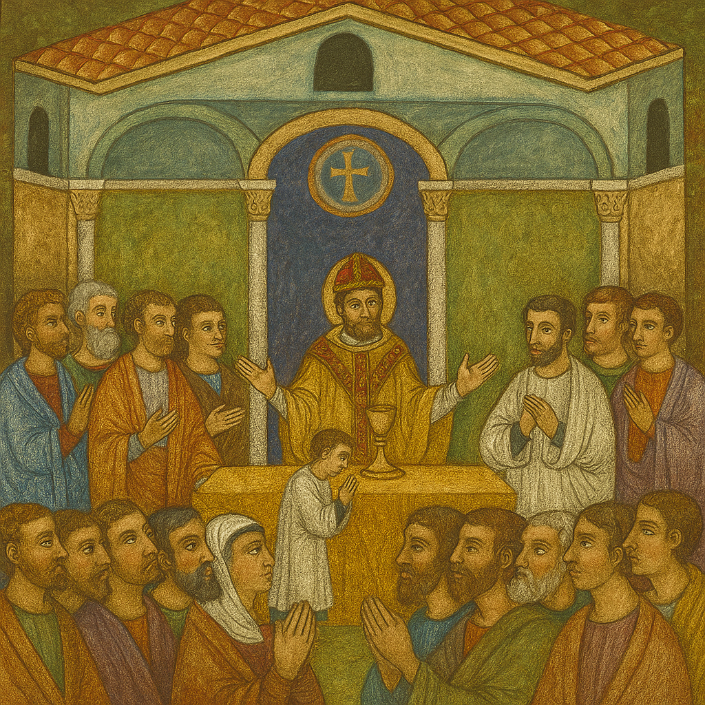 Early Christian basilica scene showing a bishop celebrating the liturgy, symbolizing the roots of Catholic Mass history in the Roman Rite tradition.