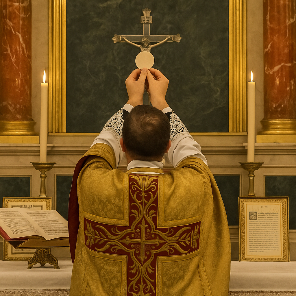 Traditional Latin Mass priest facing the altar during consecration, illustrating Catholic Mass history and its liturgical roots
