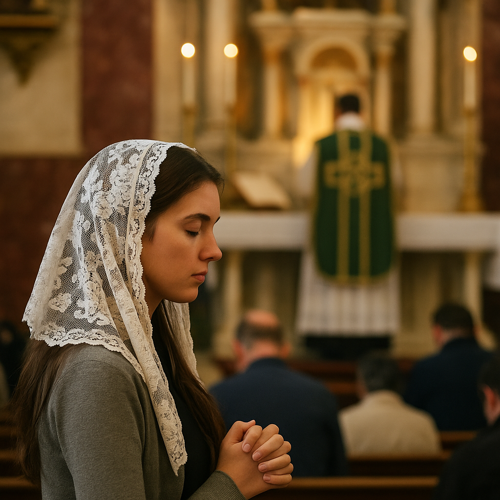 Young woman in white veil praying reverently at a Traditional Latin Mass inside a Catholic church